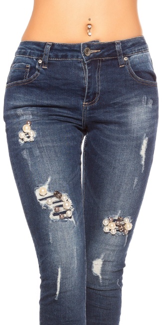 skinny jeans gebruikte used look met parels jeansblauw